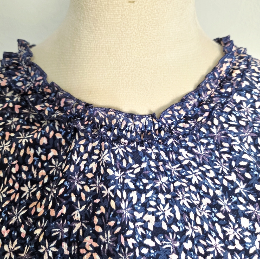 Banana Republic Blue & Pink Floral Ruffle-Neck Dress, Ties on the Side, Size 14 - Picture 4 of 15